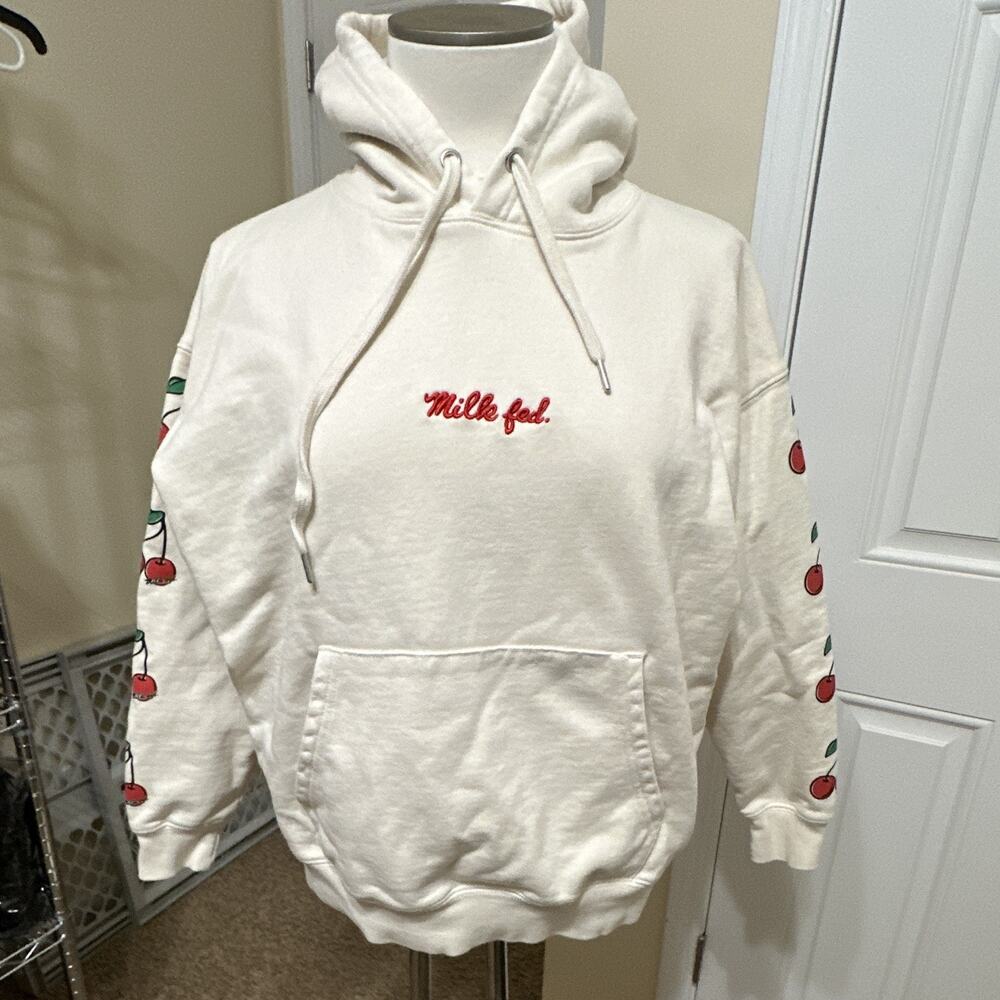 MILKFED. Women's Off White Pullover Fleece Hoodie Pockets Embroidered Cherry M